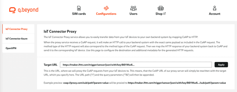 screenshot iot connector proxy IFTTT
